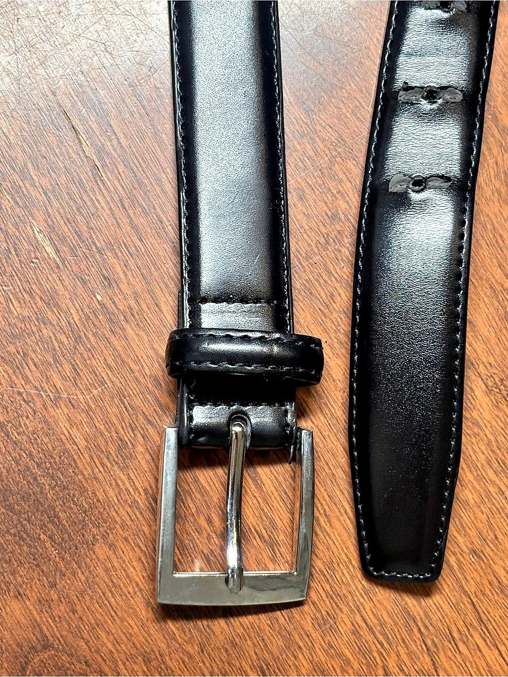 Black Leather Dress Belt with Silver-Tone Buckle